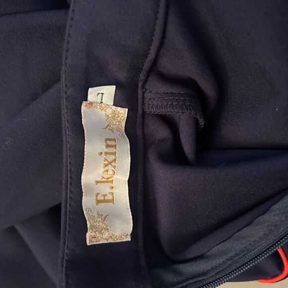 E. Kexin Vintage Blue and Coral Stitching Midi Half Sleeve Midi Dress L - Picture 6 of 7